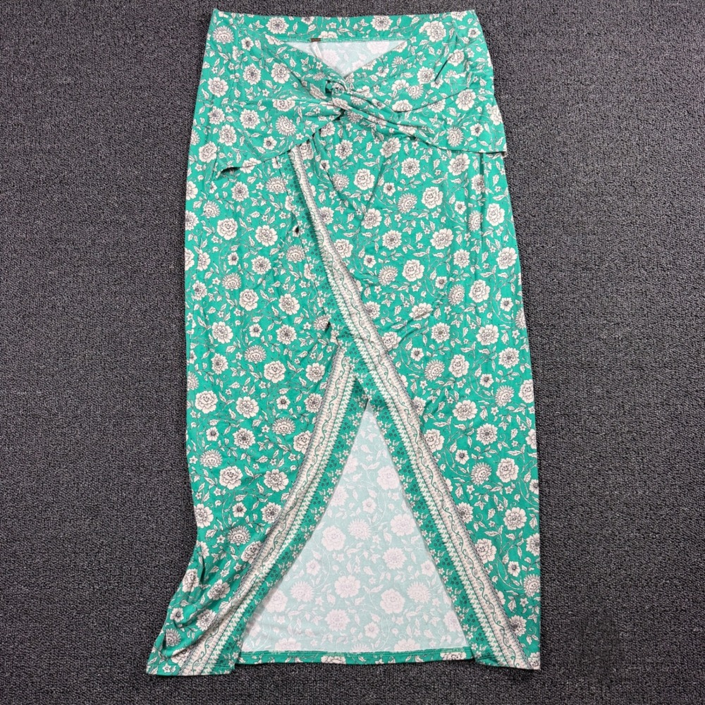 Free People Floral Faux Wrap Midi Skirt Women's L Green Boho Tie Knot